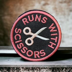 Crafty Merit Badges - Runs with Scissors, Craft Patches, Iron On, Sew On, Hook Backing, Patches for Jackets, Craft Bags, Hats