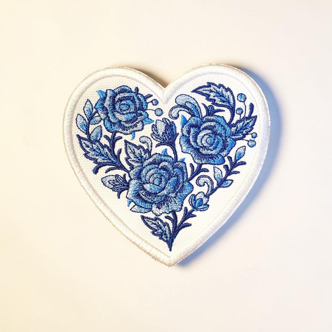 Delft Blue Rose Heart Embroidered Patch Floral Vintage - Etsy