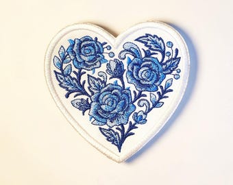 Delft Blue Rose Heart Embroidered Patch Floral Vintage