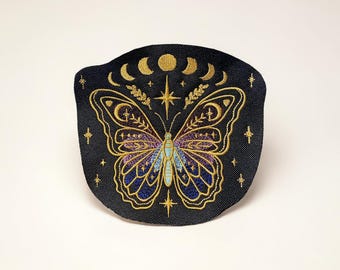 月の満ち欠けと蝶の刺繍パッチ ゴールド 天体
