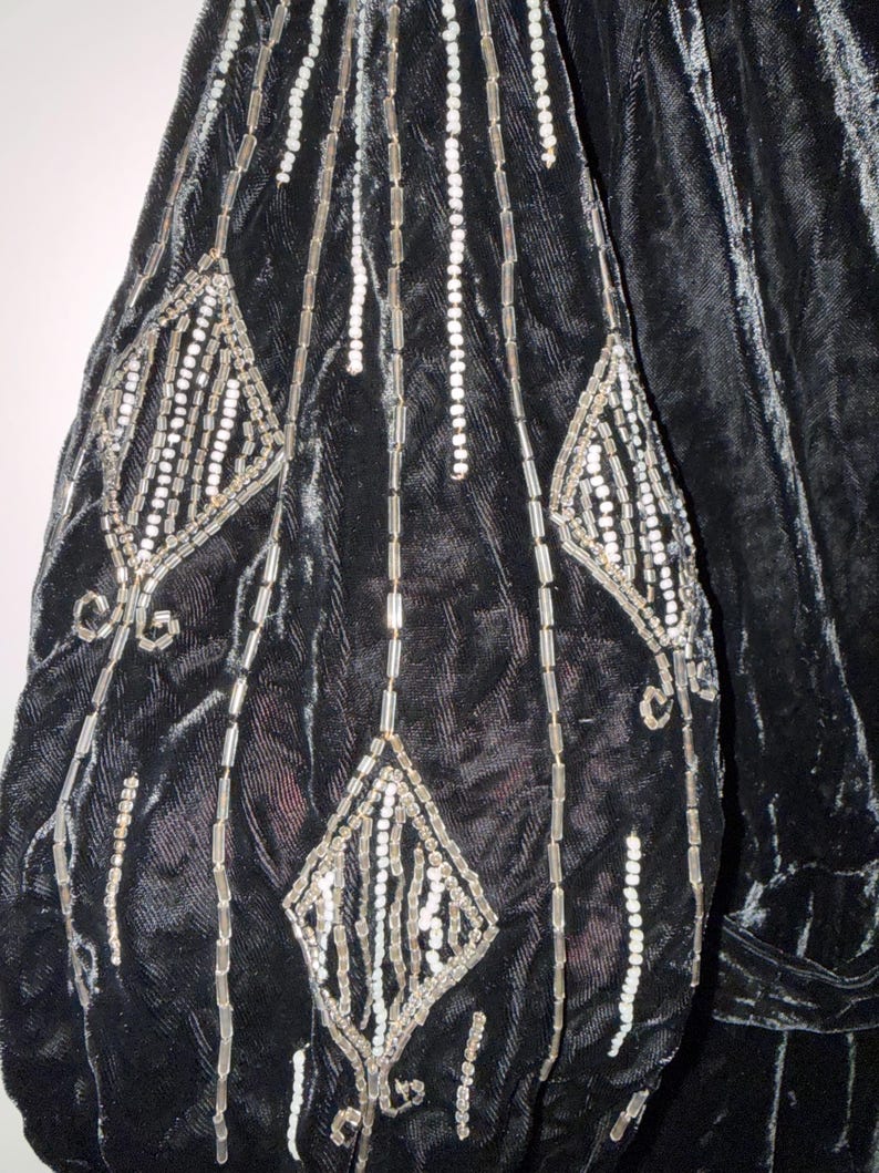 1930s Inky Black Silk Velvet and Beaded Bishop Sleeve Evening Gown ...