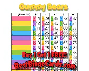 Bingo Boards 1-18 Lines - Gummy Bears - Straight, Mixed, 90 Ball