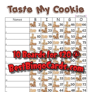 Bingo Boards 1-15 Lines - Taste My Cookie - Straight, Mixed 75 Ball