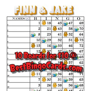 Bingo Boards 1-15 Lines - Finn and Jake - Straight, Mixed (Houdini)