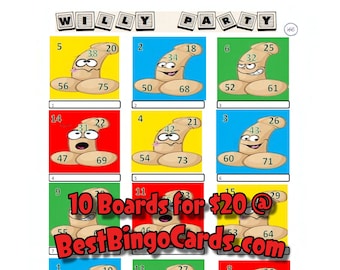 Bingo Boards 1-15 Player Picture - Willy Party - Straight, Mixed, 75 Ball