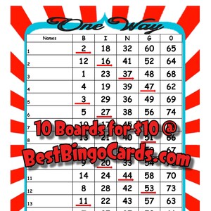 Bingo Boards 1-15 Lines - One Way - Straight, Mixed, 75 Ball