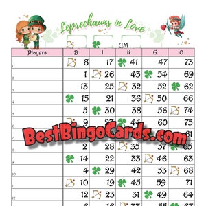 Tableros de bingo 1-15 líneas - Leprechaun Love - Directo, mixto, 75 bolas
