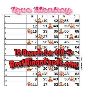 Bingo Boards 1-15 Lines - Love Monkey - Straight, Mixed, 75 Ball