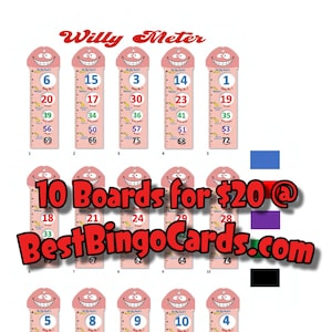 Bingo Boards 1-15 Player Picture - Willy Meter -  Straight, Mixed, 75 Ball