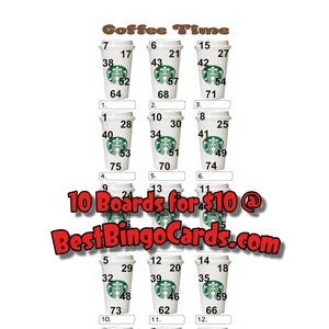 Bingo Boards 1-15 Spieler Bild - Coffee Time - Gerade, Gemischt, 75 Ball
