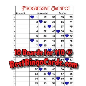 Op de afbeelding: Een bingokaart met 18 rijen met nummers en harten. De kaart heeft de titel "Progressive Jackpot" en de tekst "10 kaarten voor €10 @ BestBingoCards.com".
