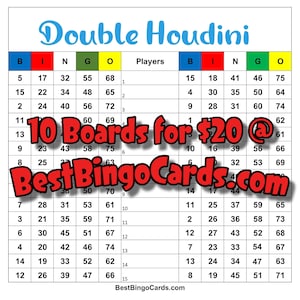 May include: A bingo card with the title "Double Houdini" and the text "10 Boards for $20 @ BestBingoCards.com". The card has a grid of numbers with the letters B, I, N, G, and O at the top. The numbers are in red, blue, green, yellow, and orange.