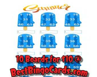 Bingo Boards 1-15 Player Picture - Summer Popsicle - Straight, Mixed, 75 Ball