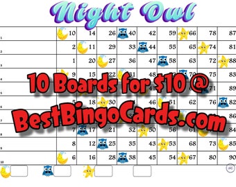 Bingo Boards 1-10 Lines - Night Owl Bingo - Straight, Mixed, 90 Ball