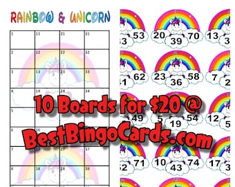 Bingo Boards 1-25 Player Hold - Rainbows and Unicorns - 75 Ball