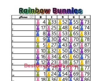 Bingo Boards 1-18 Lines - Rainbow Bunnies - Straight, Mixed, 90 Ball