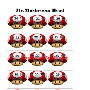 Bingo Boards 1-15 Player Picture - Mr Mushroom Head - Straight, Mixed, 75 Ball