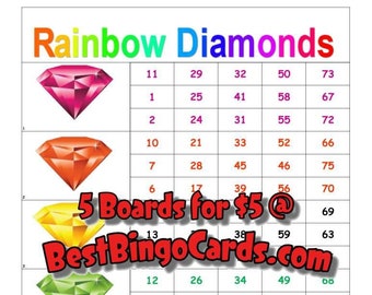 Bingo Boards 1-5 Player Block - Rainbow Diamonds - Straight, Mixed, 75 Ball