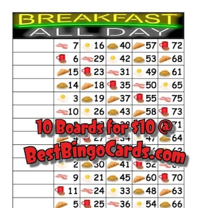 Bingo Boards 1-15 Line - Breakfast All Day - Straight, Mixed, 75 Ball