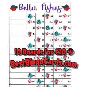 Bingo Boards 1-15 Lines - Betta Fish - Straight and Mixed 75 Ball