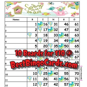 Bingo Boards 1-15 Line - Spring In The Air- Straight, Mixed, 75 Ball