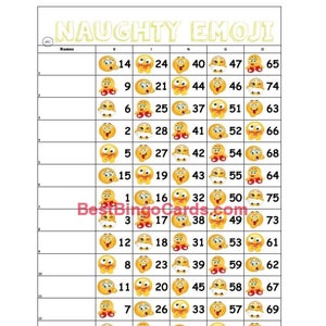 Bingo Boards 1-15 Lines - Naughty Emoji - Straight, Mixed, 75 Ball
