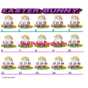 Bingo Boards 1-15 Player Picture - Easter Bunny - Straight, Mixed, 75 Ball