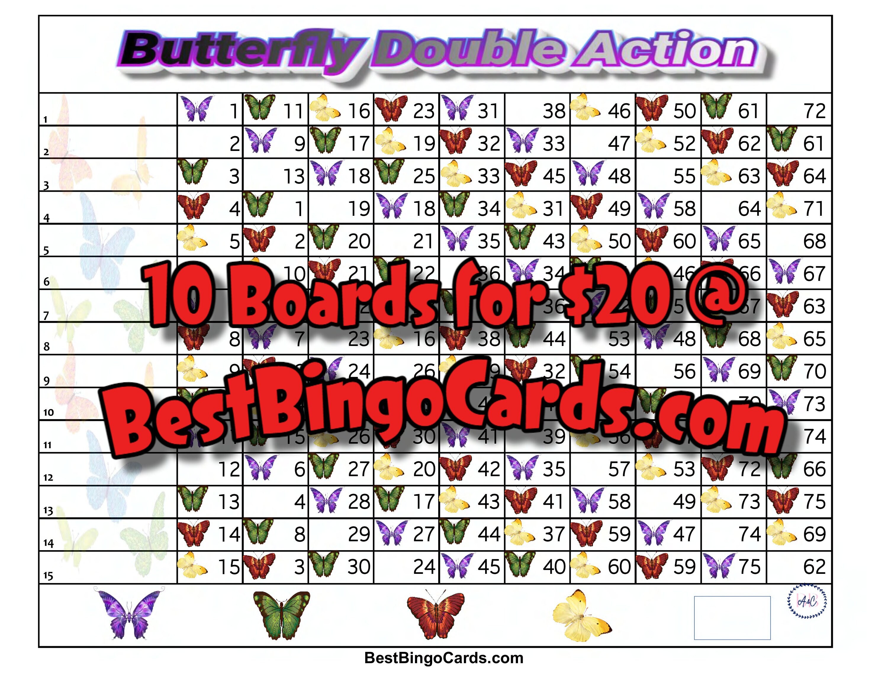 Bingo Boards 1-15 Line Double Action - Butterfly - Straight, Mixed, 75 Ball
