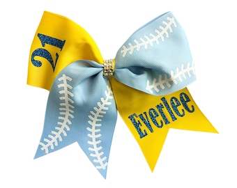 Custom light blue and yellow softball bow