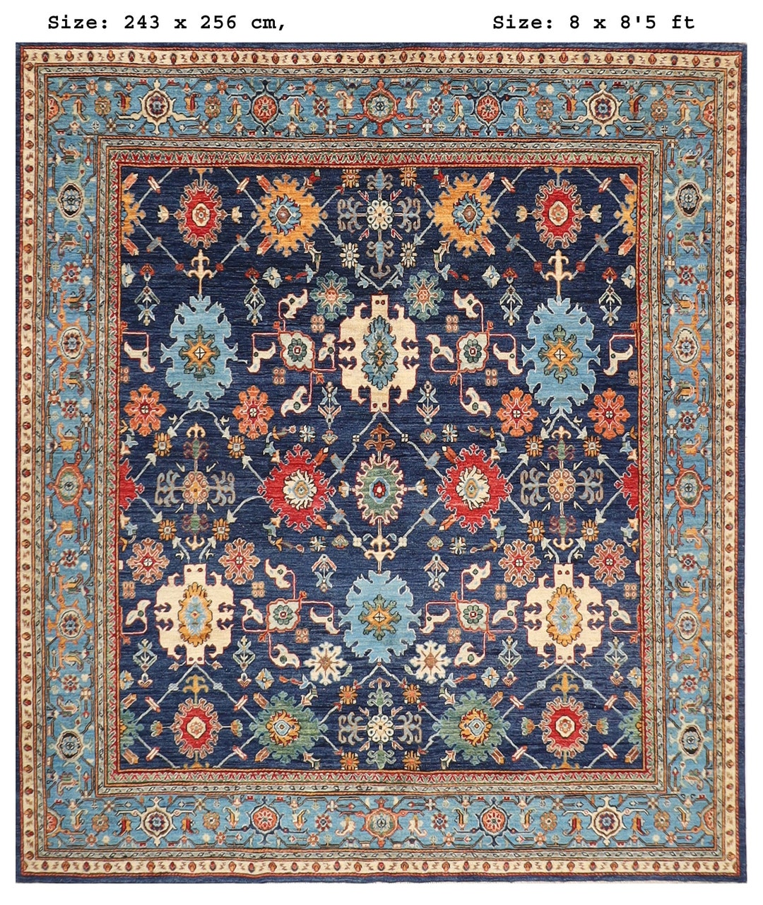 8x8 Ft Bidjar Blue Square Area Rug, Hand Knotted 100 Wool Dye Rug