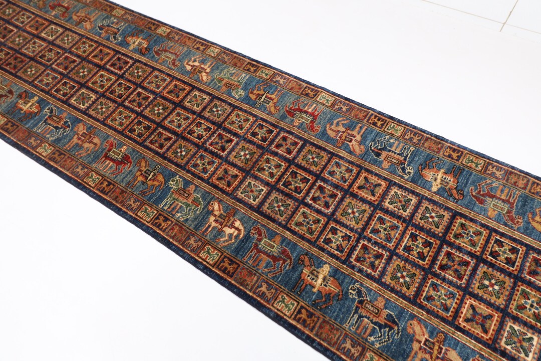 10 Ft Pazyryk Hallway Blue Red Runner Rug, Afghan Hand Knotted Natural