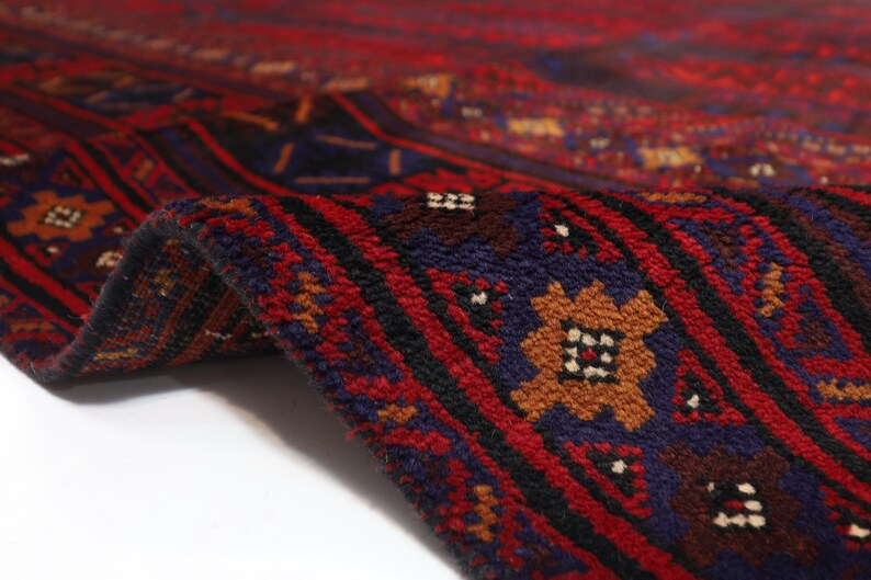 7x13 Ft Balouch Red Area Rug, 6'7x13'3 Ft Afghan Hand Knotted Wool