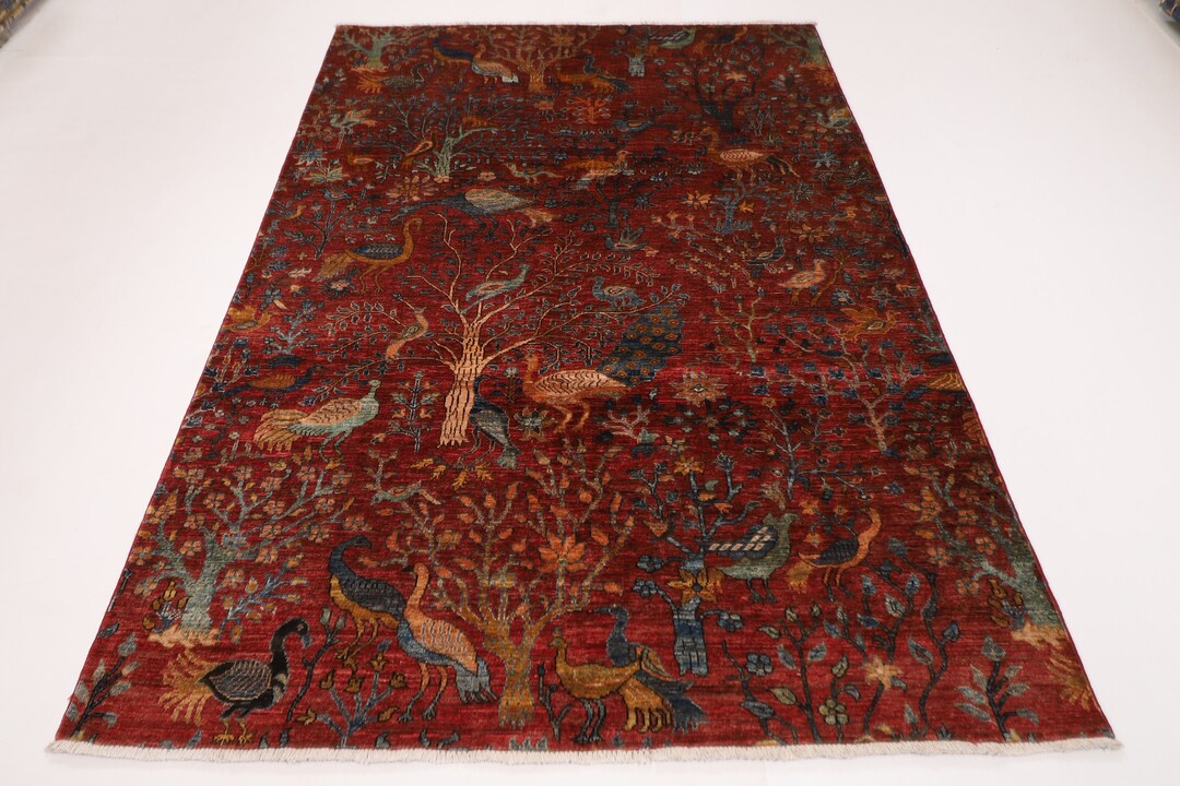 Red Animal Rug 6x8 Ft Birds Red Area Rug, 5'8x8'2 Ft Afghan Hand Knotted Rug, Rug for ...