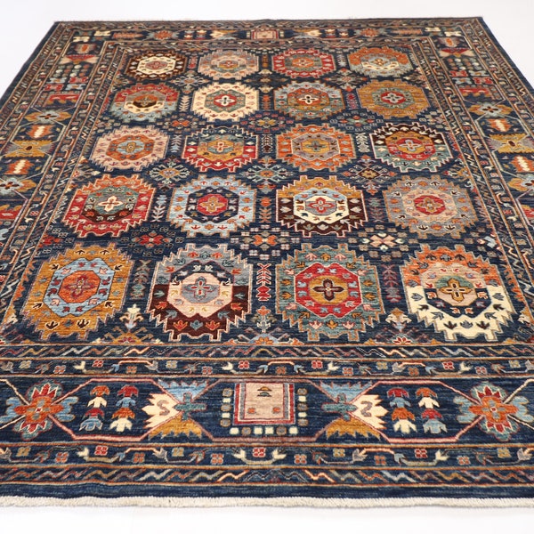 8x10 ft Waziri Tribal Navy Blue Area Hand knotted Rug, Kitchen Rug, Rug for Bedroom, Rug For Living Room, Oriental Rug,  Dining table Rug,