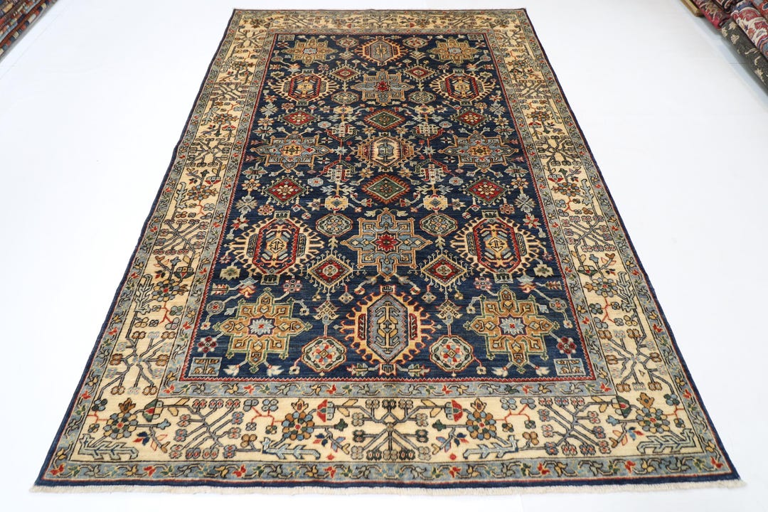 6x9 Ft Tribal Blue Area Rug, Afghan Hand Knotted Veg Dye Wool Rug ...