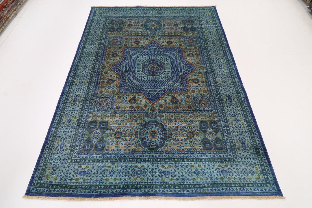 6x8 Blue Turqiose Mamluk Area Rug, Turkish Hand Knotted Veg Dye Wool ...
