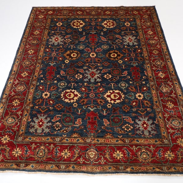 5x7 ft Bidjar Red Blue Area Rug, 100% Wool Natural Color, Afghan Hand Knotted Rug, Rug For Living Room, Badroom rug, Dining Table rug 5x6'5