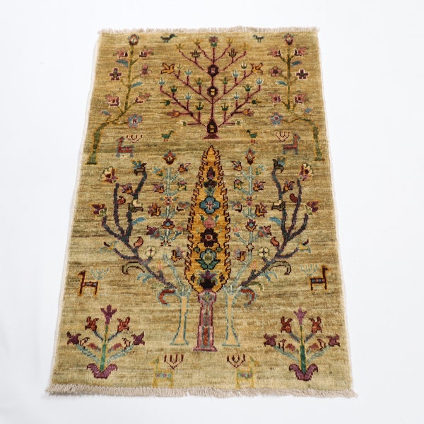 2x3 ft Tree of life Door Mat Rug, Small Rug, Afghan Hand knotted Veg Dye Wool Rug, Kitchen Rug, Tribal Rug, Bathroom Rug, Kids Room Rug,