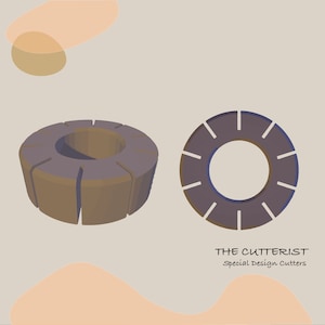 Puede incluir: Dos cortadores circulares marrones y grises con un agujero central. Uno se muestra de lado y el otro desde arriba. El texto "THE CUTTERIST Special Design Cutters" está debajo.