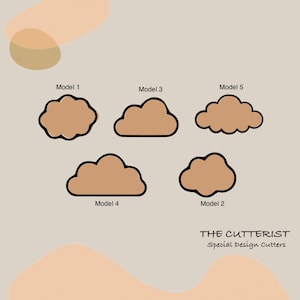 May include: Five different cloud-shaped cookie cutters, labeled Model 1 through 5. The cutters are brown with black outlines. The text "THE CUTTERIST Special Design Cutters" is at the bottom of the image.