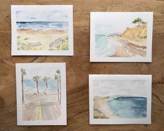 Lot de 4 cartes de voeux aquarelles originales - Plages côtières
