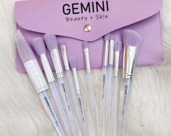 Crystal Handle Lavender Makeup brushes with Pouch - soft bristle face brushes 10 pack