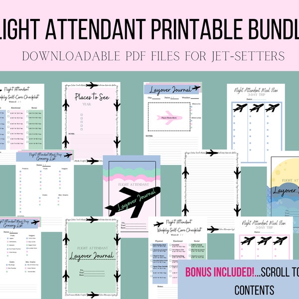 Flight Attendant Printable Bundle with Bonus wall art GIFT, flight crew planners, layover journals, stationary, meal prep lists, self care