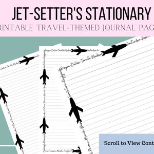 Puede incluir: Páginas de diario imprimibles con un tema de viaje. Las páginas presentan un diseño de avión en blanco y negro con nombres de ciudades escritos en cursiva. El texto "Scroll to View Contents!" está en la parte inferior de la imagen.