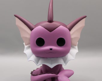 May include: A purple and white figurine of a Pokemon character with a fin-like tail and large ears. The figurine has a white frill around its neck.