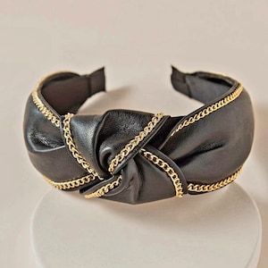 Chain Decor Wide Headband | Faux Leather Hairband |  Twist Knot Headband | Black & Gold Hair Turban| Womens Headband