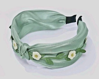 Faixa de cabeça com nó bordado de flores - Turbante de cabelo verde-azulado claro