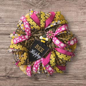 Corona de primavera con abejas, arpillera de poliéster, puerta de entrada, rosa, amarillo, abejorro
