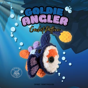 May include: A crochet anglerfish toy featuring a dark blue body, a white face, orange fins, and a yellow lure. The text reads GOLDIE ANGLER Crochet Pattern. The design includes purple dorsal accents and black eyes against a blue underwater background.