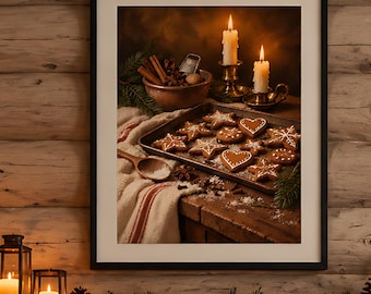 Gingerbread Cookie Christmas Still Life Print, Cozy Candlelit Kitchen Art, Printable Christmas Wall Art